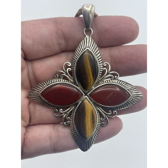 925 GFJ THAI Sterling Silver Tigers Eye & Carnelian Agate Pendant Necklace - Picture 3 of 7
